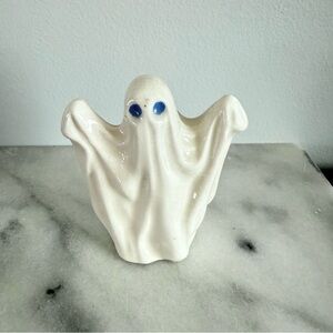 Vintage Small Ceramic Ghost Figurine Halloween Decor Blue Eyes Shelf Collectible